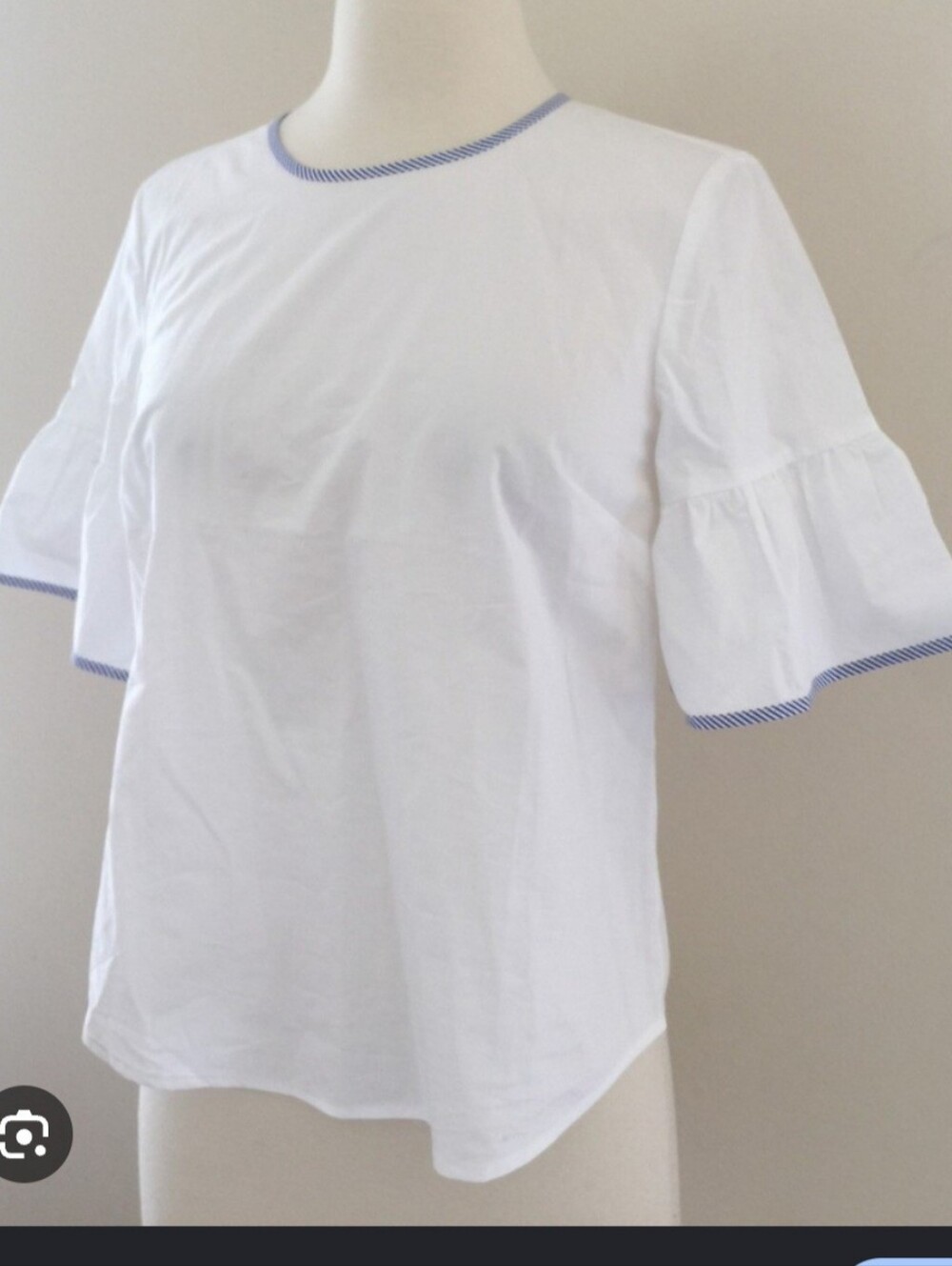 White Ruffle Sleeve Top with Blue Trim